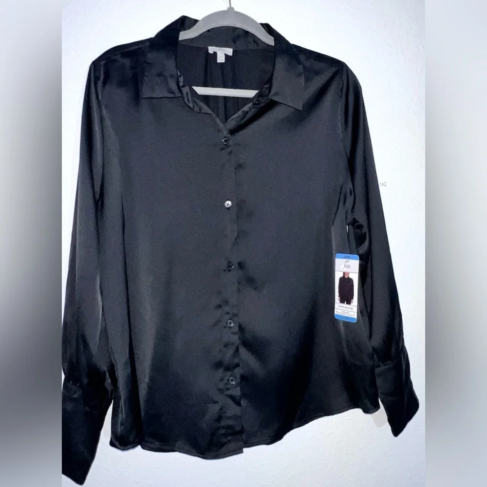 NWT Joie Satin Buttoned Career Blouse Black Large Office